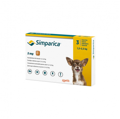 Simparica 5 mg žuv.tbl. pre psy 1,3–2,5 kg, 3 x 5 mg  